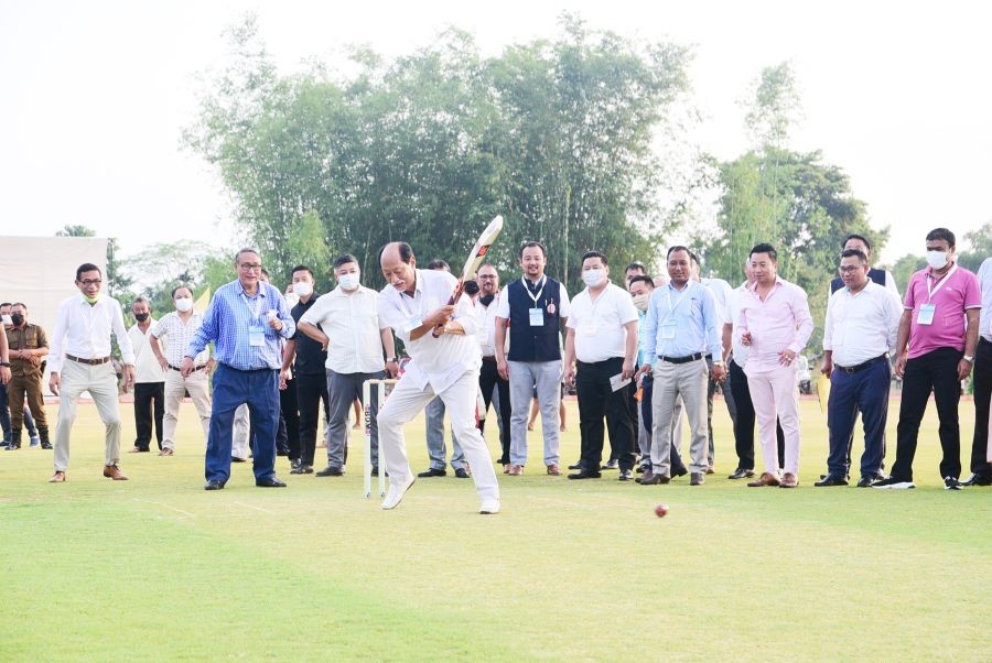 Chief Minister Neiphiu Rio, also former NCA President, taking the ceremonial swing with the bat at the newly opened Sovima Cricket Ground pitch on October 8 in Dimapur. (Morung Photo by Manen Aier)